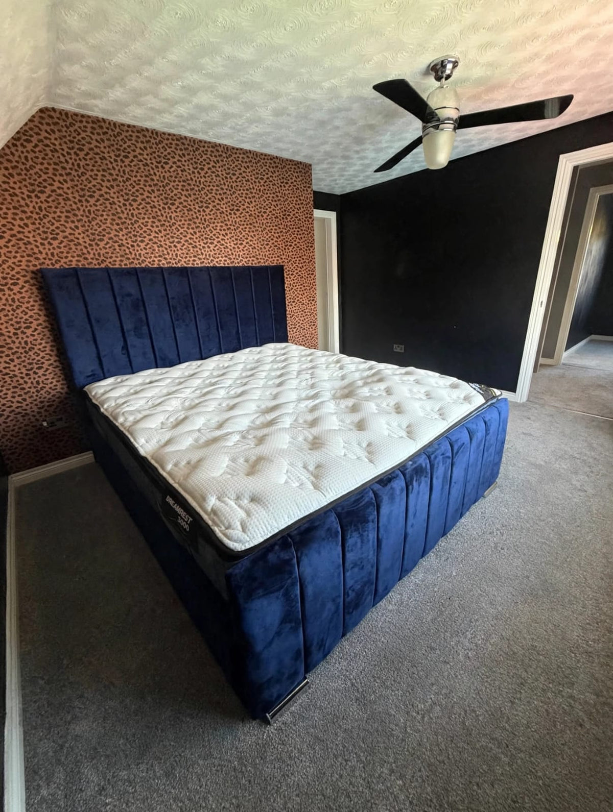 Super king size plush velvet sapphire panel line bed frame & mattress